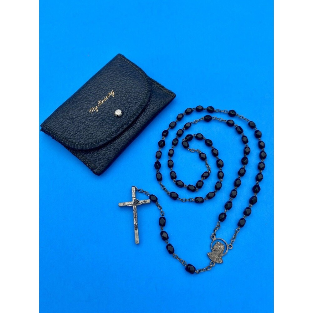 Vintage Black Faceted Glass Rosary w Case, Mary, Jesus, Italy, Christianity, 16”